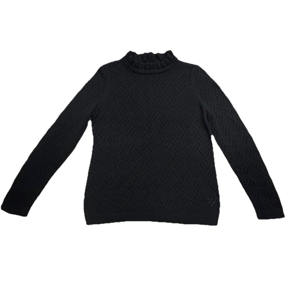 Talbots Sweater Black Texture Stitch Ruffle Neck Pullover Large Cotton Wool